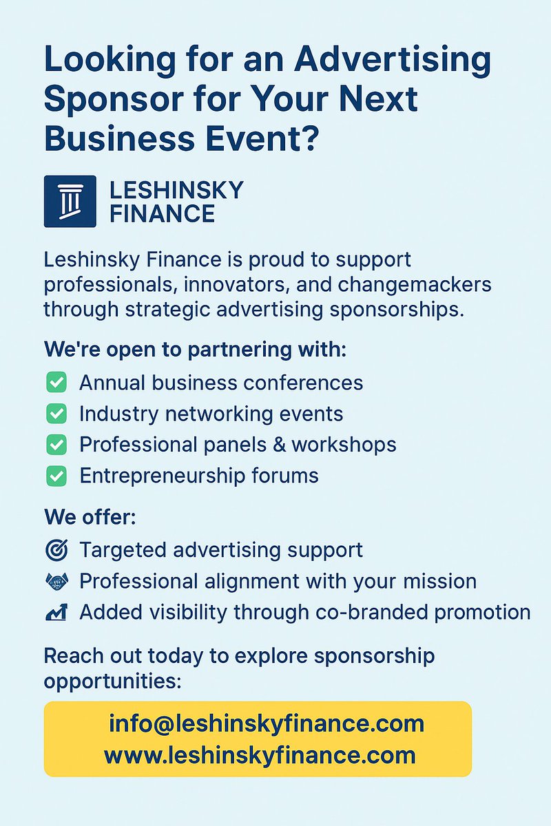 LYFinance's tweet photo. 📢 Looking for an Advertising Sponsor for Your Next Business Event?
Leshinsky Finance is proud to support professionals, innovators, and changemakers through strategic advertising sponsorships. https://t.co/QcLRkfO8g3