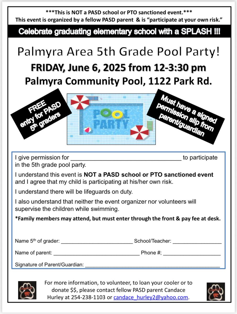 Palmyra Elementary PTO (@pasd_elem_pto) on Twitter photo This is NOT a PASD school or PTO event. This event is organized by a fellow PASD parent & is “participate at your own risk.” When & where: Palmyra Community Pool, 1122 Park Rd, on June 6, 2025, 12-3:30 pm.
Contact for this event is Candace Hurley, candace_hurley2@yahoo.com This is NOT a PASD school or PTO event. This event is organized by a fellow PASD parent & is “participate at your own risk.” When & where: Palmyra Community Pool, 1122 Park Rd, on June 6, 2025, 12-3:30 pm.
Contact for this event is Candace Hurley, candace_hurley2@yahoo.com