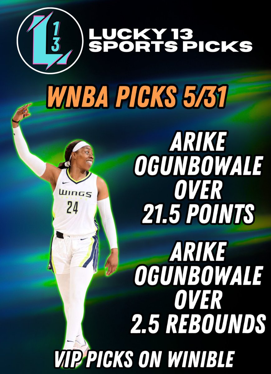 Lucky13Sports's tweet photo. 🏀 WNBA Card 5/31

🔵 Arike Ogunbowale over 21.5 points
🔵 Arike Ogunbowale over 2.5 rebounds

A rare all Arike card 😂

Finished up another winning week in the WNBA last night. First two weeks of the season were all profit. Let’s keep it going even with just one game tonight.

Another pick is available in my Winible VIP. Link in bio.

❤️ if tailing!