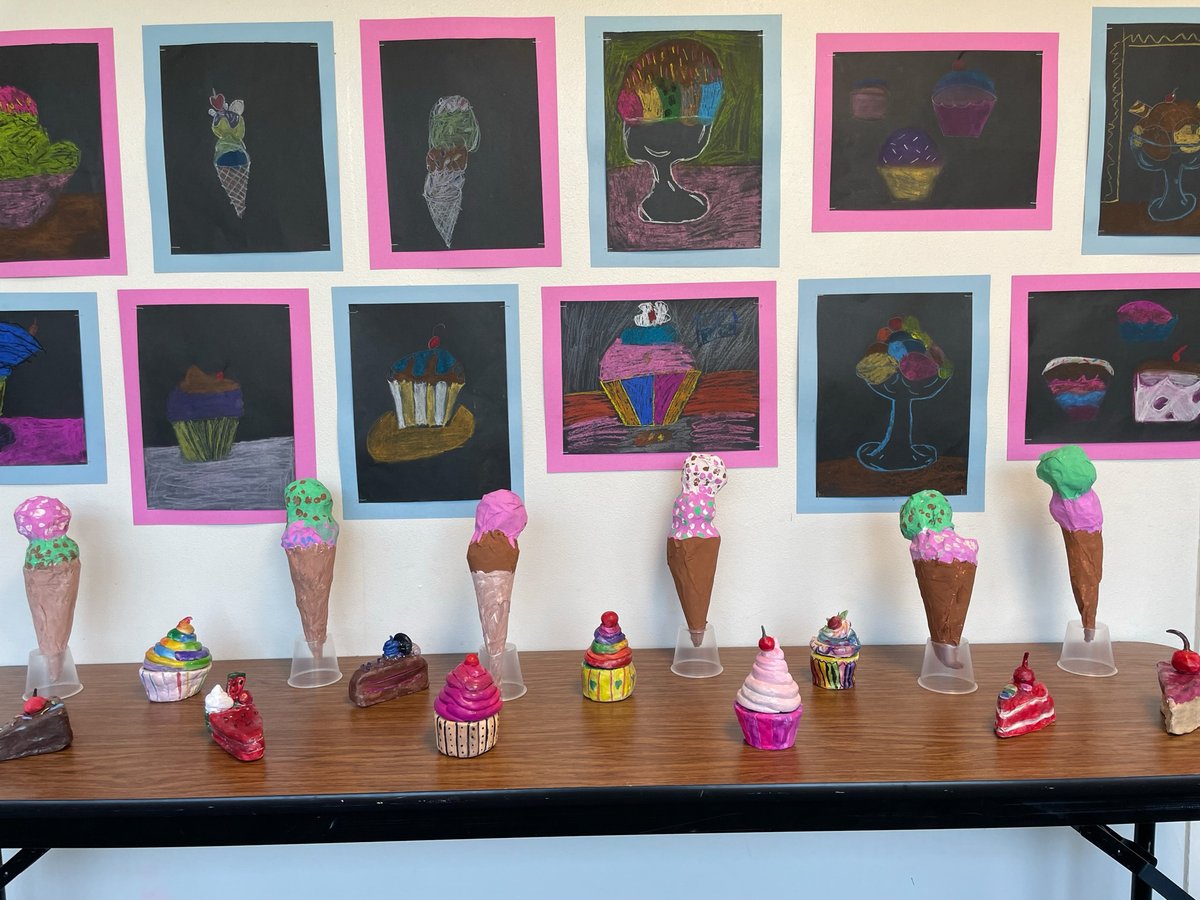School wide "Sweet Treats" theme. K-2 created 2D work and 3-5 created 3D inspired work. 3rd grade created paper mache ice cream cones.