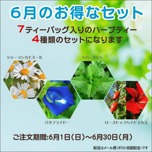 jpkelena's tweet photo. 【Kelena 6月のお得なセット（4種類のハーブ）】4種類（7TB入り）のハーブティーをお得なセット価格1,500円で販売致します。ジャーマン���モミールティー・バタフライピー・ペパーミント・ローズヒップハイビスカスの4種類です。 https://t.co/nYndqyjI8Q https://t.co/eKr3vXtMbz