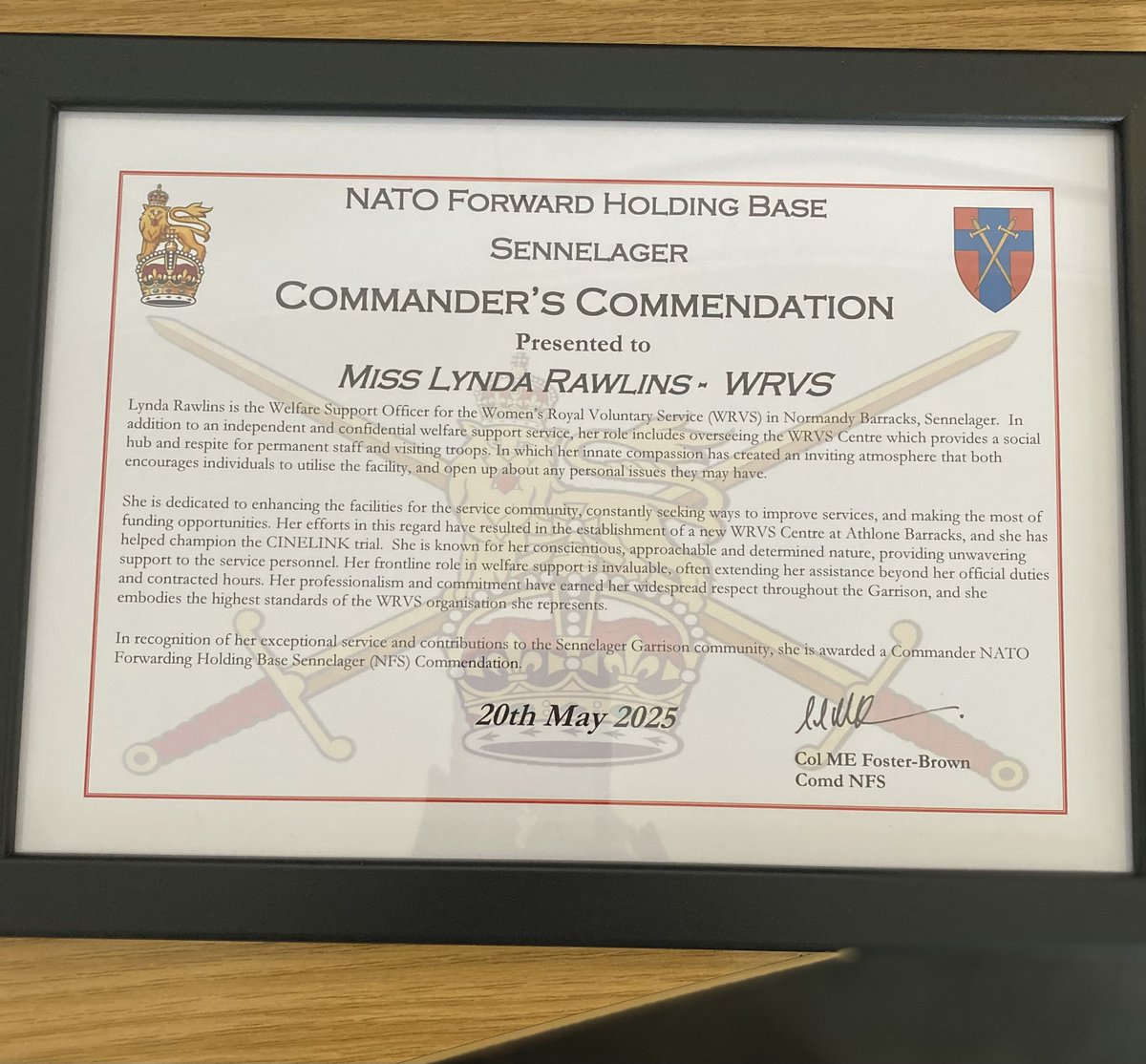 Lynda Rawlins was awarded a CO’s commendation in recognition of her exemplary efforts in enhancing her WRVS centre in Germany. This included a 24-hour area for visiting troops,with free Wi-Fi, enabling them to maintain communication with their families and friends back in the UK.