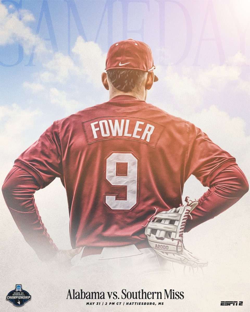 Winning is the only option. 

🆚 No. 1 Southern Miss
⌚️2:00 p.m. CT
📍Hattiesburg, Miss.
📊 bit.ly/455xMfD
📻 Varsity Network I bit.ly/42VUrtq
📺 ESPN2 | bit.ly/3Sw6S95

#RollTide I #RoadToOmaha