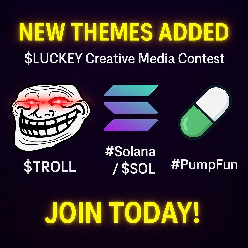 **NEW THEMES ADDED** to the $LUCKEY Creative Media Contest! 

Now you can create around:
- $TROLL
- #Solana / $sol
- #PumpFun

Show off your skills for a chance at (2) ModRetro Chromatics + (16) Hype Prizes!
  
JOIN TODAY! x.com/LUCKEYsol/stat…

#LUCKEYContest $LUCKEY #Pokemon