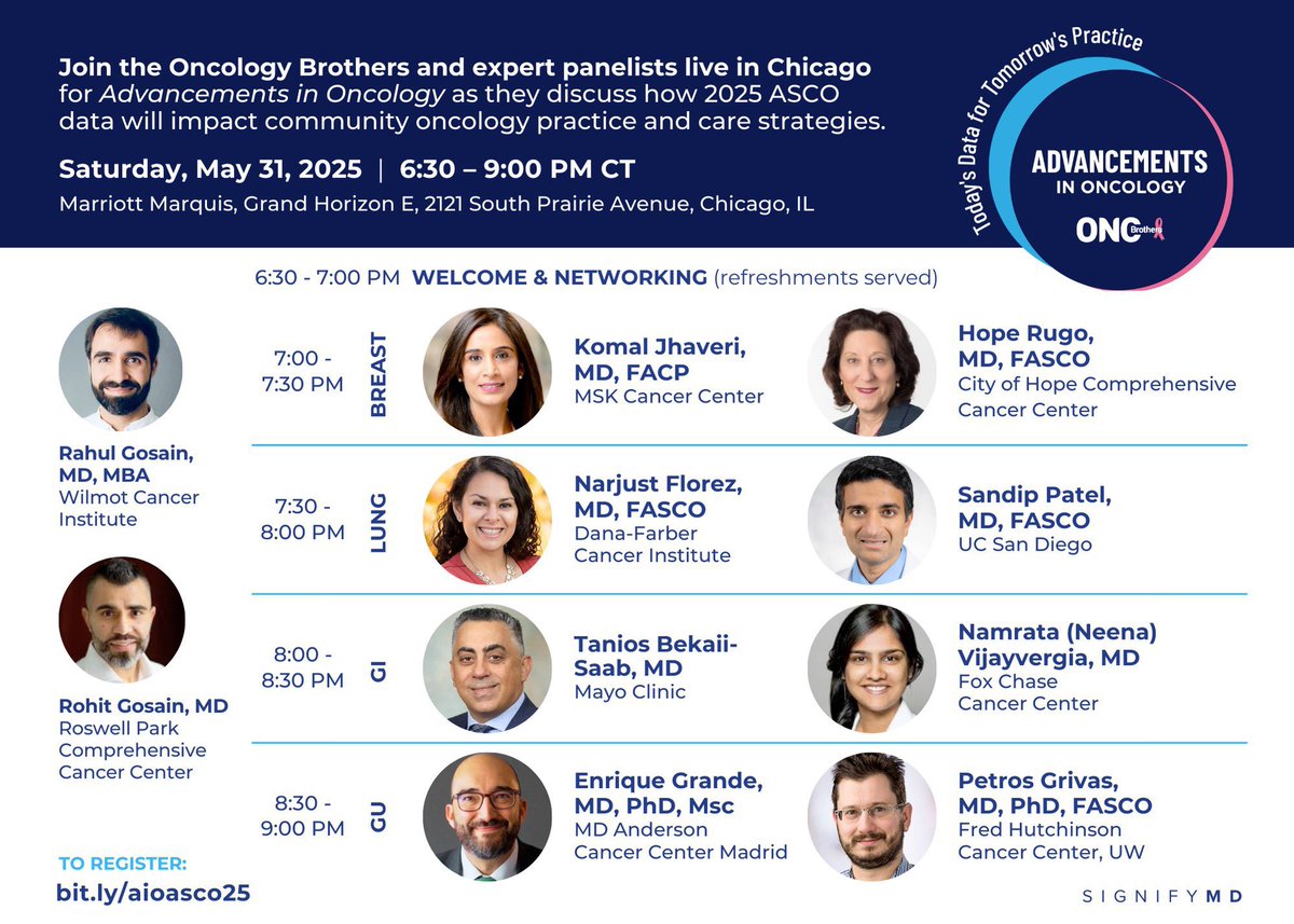 Oncology Brothers (@oncbrothers) on Twitter photo See you tonight (Saturday, May 31st) at Marriott Marquis! Letβs talk through whatβs practice changing at #ASCO25 with <a href="/hoperugo/">Hope Rugo</a> <a href="/jhaveri_komal/">Komal Jhaveri</a> <a href="/NarjustFlorezMD/">Narjust Florez, MD, FASCO</a> <a href="/PatelOncology/">Sandip Patel MD FASCO</a> <a href="/NVijayvergiaMD/">Namrata (Neena) Vijayvergia MD</a> <a href="/GIcancerDoc/">Tanios Bekaii-Saab, MD</a> <a href="/drenriquegrande/">Enrique Grande</a> <a href="/PGrivasMDPhD/">Petros Grivas</a>
#OncTwitter See you tonight (Saturday, May 31st) at Marriott Marquis! Letβs talk through whatβs practice changing at #ASCO25 with <a href="/hoperugo/">Hope Rugo</a> <a href="/jhaveri_komal/">Komal Jhaveri</a> <a href="/NarjustFlorezMD/">Narjust Florez, MD, FASCO</a> <a href="/PatelOncology/">Sandip Patel MD FASCO</a> <a href="/NVijayvergiaMD/">Namrata (Neena) Vijayvergia MD</a> <a href="/GIcancerDoc/">Tanios Bekaii-Saab, MD</a> <a href="/drenriquegrande/">Enrique Grande</a> <a href="/PGrivasMDPhD/">Petros Grivas</a>
#OncTwitter