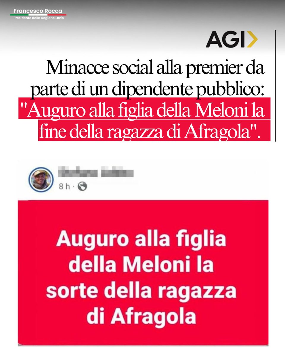 Francesco Rocca (@roccapresidente) on Twitter photo Augurare la morte a una bambina è un gesto orribile e miserabile. Solidarietà a <a href="/GiorgiaMeloni/">Giorgia Meloni</a> e alla piccola Ginevra. Serve un impegno comune per fermare l’odio e difendere il confronto civile e democratico. Augurare la morte a una bambina è un gesto orribile e miserabile. Solidarietà a <a href="/GiorgiaMeloni/">Giorgia Meloni</a> e alla piccola Ginevra. Serve un impegno comune per fermare l’odio e difendere il confronto civile e democratico.