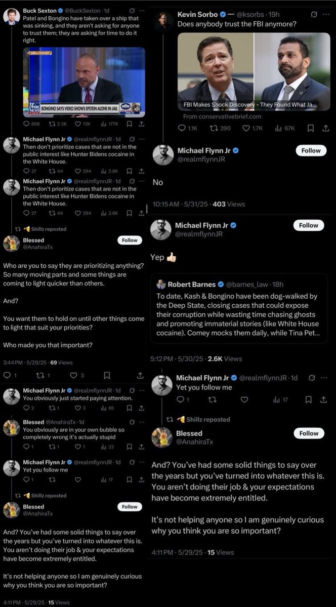 intheMatrixxx (@inthematrixxx) on Twitter photo Those who scream the loudest….
Today is Saturday May 31 and <a href="/realmflynnJR/">Michael Flynn Jr</a> has publicly turned on <a href="/FBIDirectorKash/">FBI Director Kash Patel</a> and, <a href="/FBIDDBongino/">Dan Bongino</a> and the FBI.
Your accountability psyop is terrible <a href="/GenFlynn/">General Mike Flynn</a>.
You should just stop. Those who scream the loudest….
Today is Saturday May 31 and <a href="/realmflynnJR/">Michael Flynn Jr</a> has publicly turned on <a href="/FBIDirectorKash/">FBI Director Kash Patel</a> and, <a href="/FBIDDBongino/">Dan Bongino</a> and the FBI.
Your accountability psyop is terrible <a href="/GenFlynn/">General Mike Flynn</a>.
You should just stop.