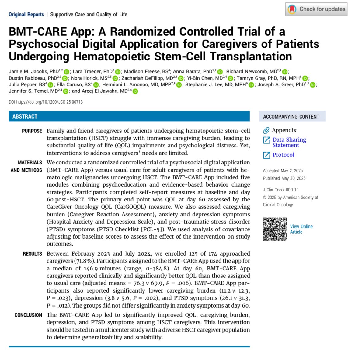 RyanNipp's tweet photo. BMT-CARE App: A Randomized Controlled Trial of a Psychosocial Digital Application for Caregivers of Patients Undergoing Hematopoietic Stem-Cell Transplantation. 

https://t.co/0jKzjsywxj

@ASCO @JCO_ASCO @JCOOP_ASCO 
#ASCO25 #PallOnc #CancerResearch 
@MGHCancerCenter @Areejmd https://t.co/hkknQdfTsa