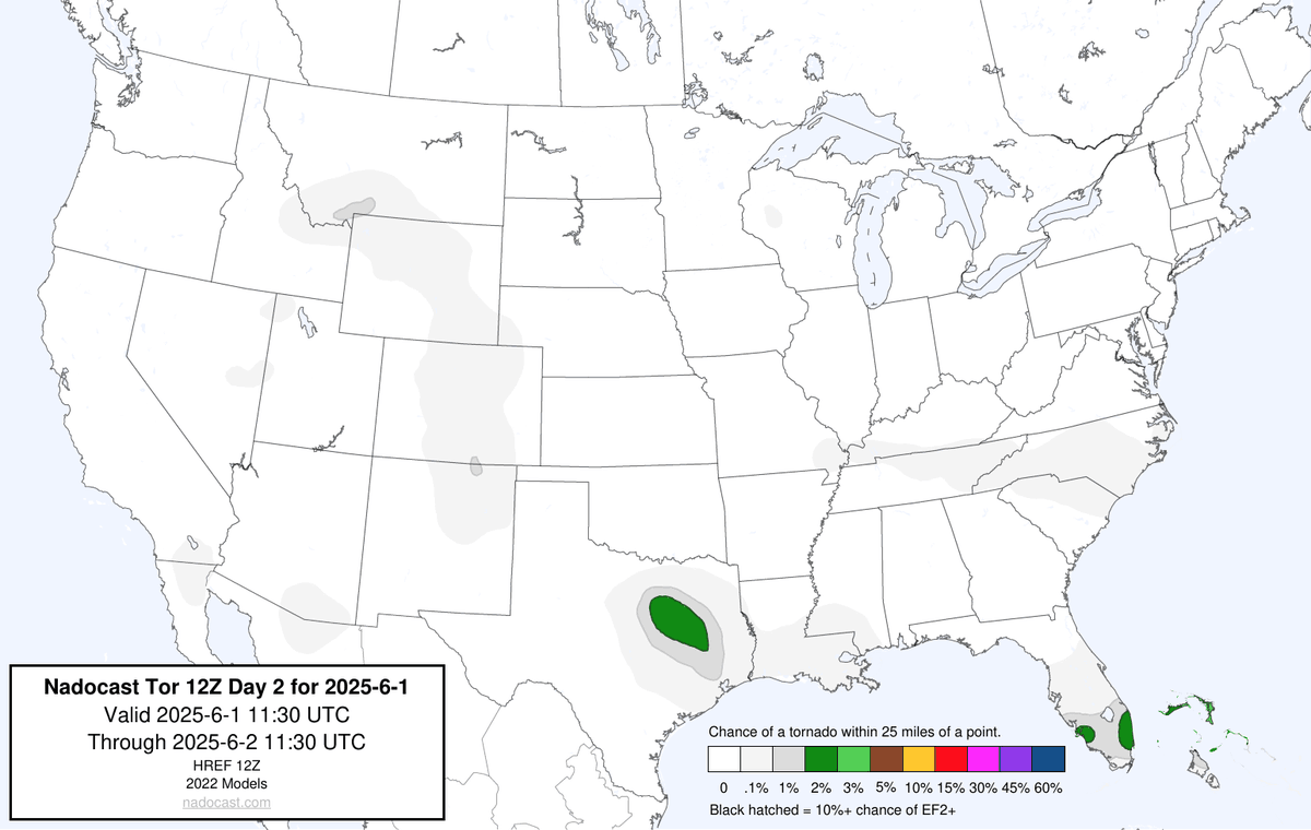 12Z Day 2 Tornado Forecast for 2025-6-1 (New New 2022 Models)