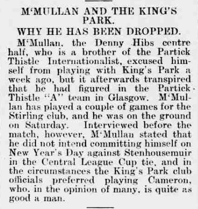 ❓ Bridge of Allan Gazette (27 December 1919) reveals that Jimmy McMullan's brother turned out for Partick Thistle 'A', an interesting new discovery! Anyone know his name? We think Denny's centre half of that era was a "J"...