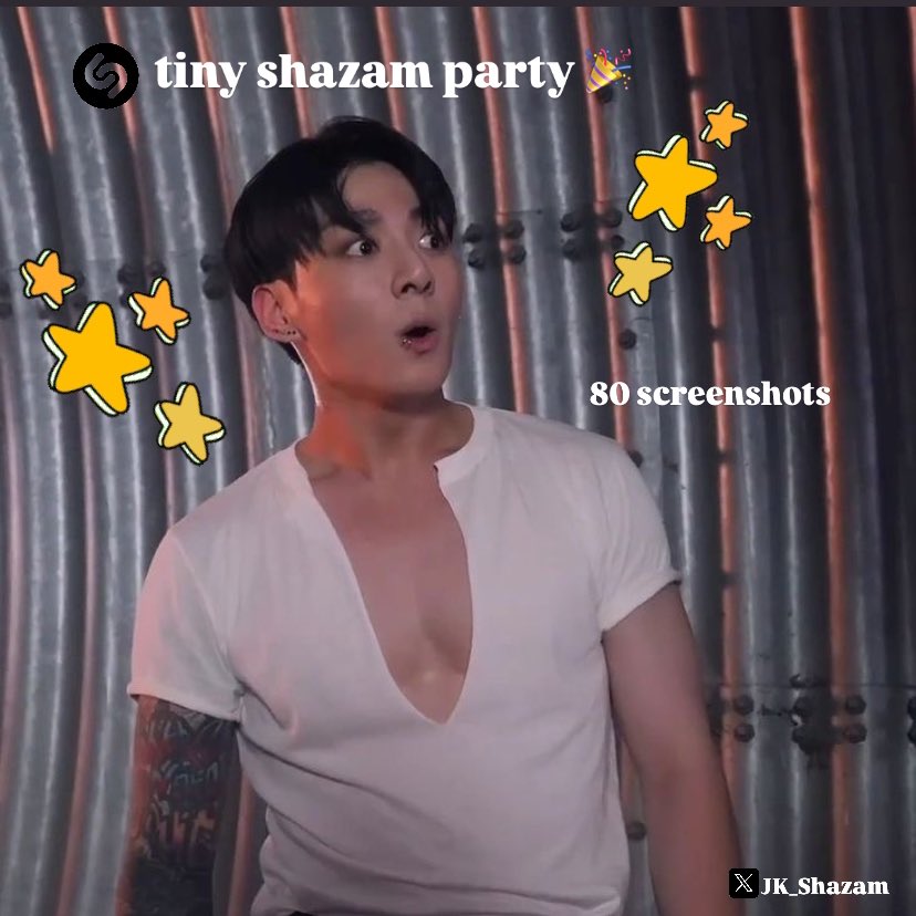 🎉 tiny shazam party 🎉

Jungkook will be back in 10 days! 💜

📣 Drop a Shazam screenshot of 𝗮𝗻𝘆 Golden songs from #Jungkook’s Spotify Artist profile. Thank you. 🫶

🌀Goal: 80 screenshots
🌀Tags: 

10 DAYS FOR JUNGKOOK 
#JungkookIsComingBack
이제진짜열흘남았다