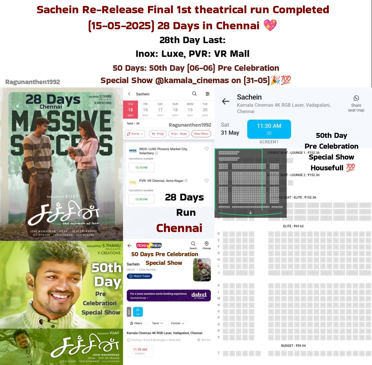 #Sachein Re-Release Final 1st theatrical run Completed (15-05-2025) 28 Days in #Chennai💖

28th Day Last:
Inox: Luxe, PVR: VR Mall

50 Days: 50th Day (06-06) Pre Celebration Special Show <a href="/kamala_cinemas/">Vishnu Kamal</a> on (31-05)🎉💯

#Sachien #SacheinReRelease
#SacheinMovie #Poster <a href="/actorvijay/">Vijay</a>