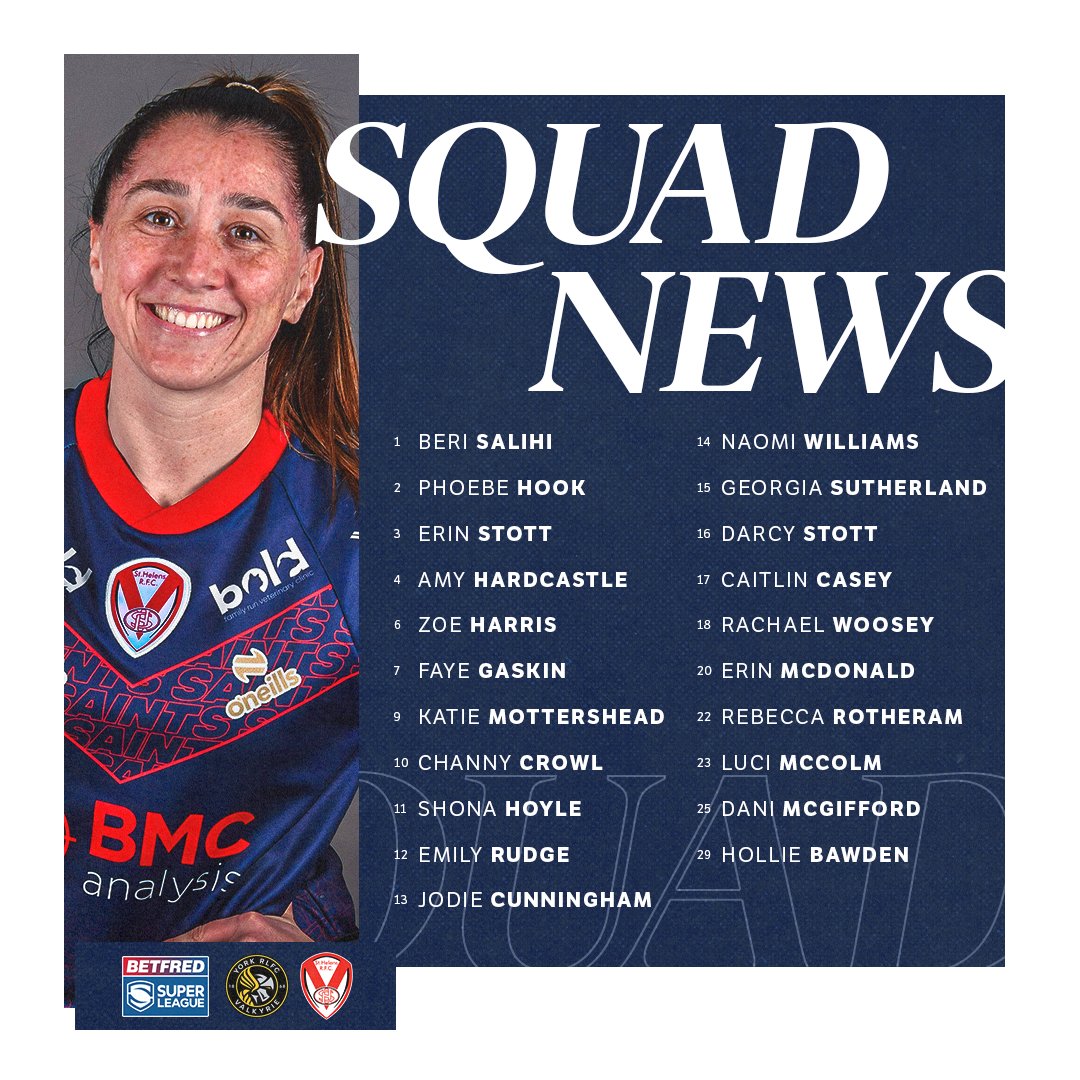 St.Helens Women (@saints1890women) on Twitter photo ๐ต๐ป ๐บ๐ธ๐ผ๐จ๐ซ ๐ต๐ฌ๐พ๐บ
Derek Hardman & Craig Richards have announced their 21-woman Saints squad that will face <a href="/YorkValkyrie/">York RLFC Valkyrie</a> on Sunday!
๐
Sun, 1st June
๐ 12pm KO
๐ LNER Community Stadium, York
โ Double Header w/ York v Sheffield
๐ Available via York's website
#COYS ๐ต๐ป ๐บ๐ธ๐ผ๐จ๐ซ ๐ต๐ฌ๐พ๐บ
Derek Hardman & Craig Richards have announced their 21-woman Saints squad that will face <a href="/YorkValkyrie/">York RLFC Valkyrie</a> on Sunday!
๐
Sun, 1st June
๐ 12pm KO
๐ LNER Community Stadium, York
โ Double Header w/ York v Sheffield
๐ Available via York's website
#COYS