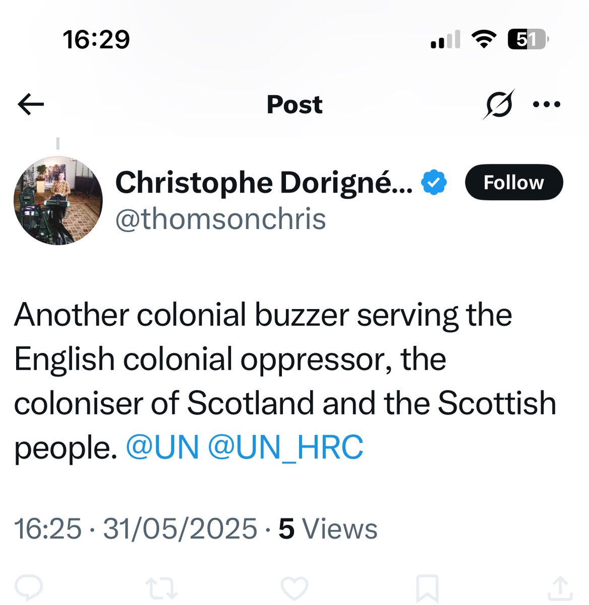 Oh look the twisted narrative of the nationalist that blocks normal people that challenge their divisive drivel <a href="/thomsonchris/">Christophe Dorigné-Thomson</a>