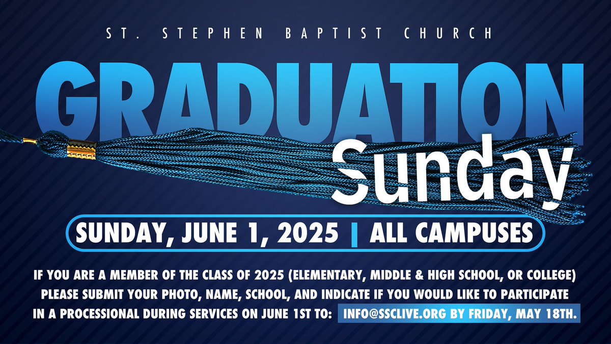 St. Stephen Baptist Church (@ssclive) on Twitter photo Graduation Sunday is TOMORROW! Celebrate the Class of 2025 at all campuses during service.
#SSCLiveGraduation #ClassOf2025 <a href="/KWCosby/">Kevin W Cosby, Ph.D, D. Min.</a> Graduation Sunday is TOMORROW! Celebrate the Class of 2025 at all campuses during service.
#SSCLiveGraduation #ClassOf2025 <a href="/KWCosby/">Kevin W Cosby, Ph.D, D. Min.</a>