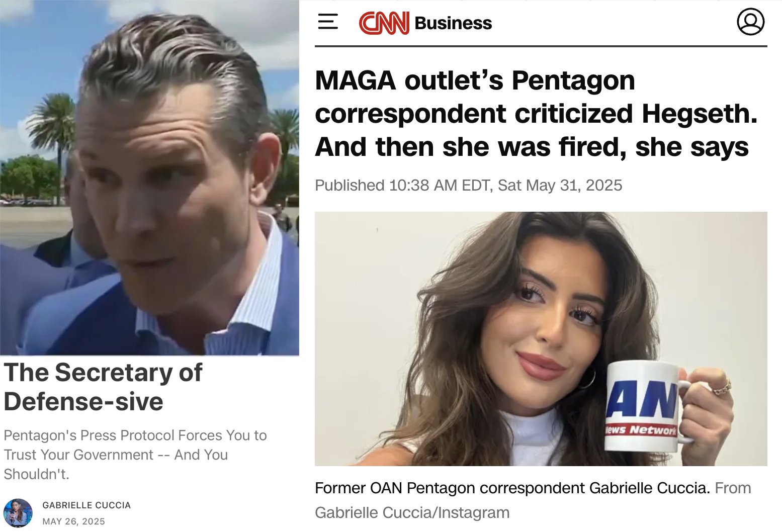 Blue Georgia on X: "Started / Going Authoritarian Regime Edition. Gabrielle Cuccia says she was fired from OAN for criticizing Pete Hegseth. https://t.co/ISE95jXNRr" / X