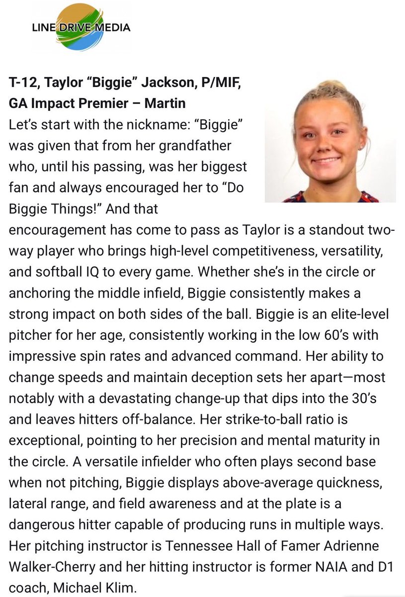Taylor Jackson (@biggie_2028) on Twitter photo Blessed and honored to again be recognized by @LineDSoftball for the class of 2028. The 2028 class is absolutely loaded with talent and I am fortunate to have the opportunity to play with and against some of the best in this class. <a href="/Coach_A_Mo/">coacн мoraleѕ</a> <a href="/rittmanjohn/">John Rittman</a> <a href="/KatieRepole/">Katie “Crash” Repole</a> Blessed and honored to again be recognized by @LineDSoftball for the class of 2028. The 2028 class is absolutely loaded with talent and I am fortunate to have the opportunity to play with and against some of the best in this class. <a href="/Coach_A_Mo/">coacн мoraleѕ</a> <a href="/rittmanjohn/">John Rittman</a> <a href="/KatieRepole/">Katie “Crash” Repole</a>