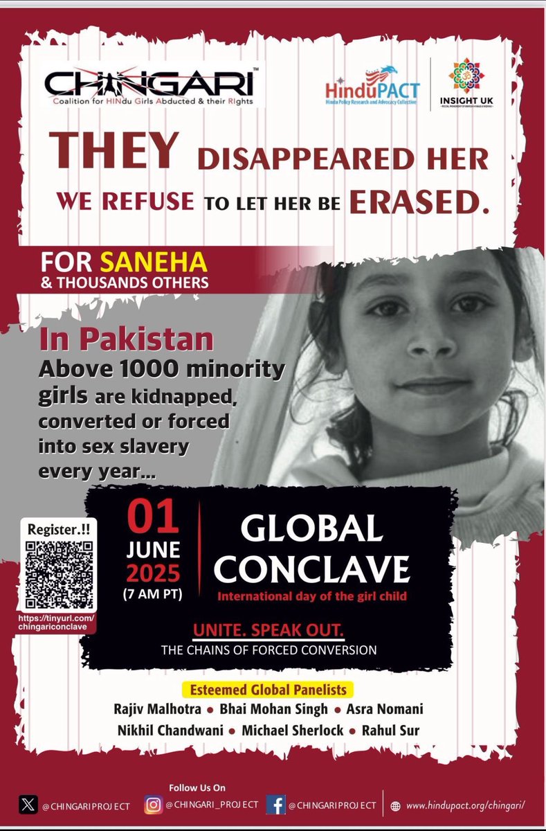 We invite #MIT’s  #MeghaVemuri to speak about the plight of persecuted #HinduGirlsInPakistan at the #CHINGARIGlobalConclave2025 tomorrow June 1 at 10:00 ET as our special guest. 
<a href="/chingariproject/">CHINGARI Project</a> 

Register at: 
tinyurl.com/chingariconcla…