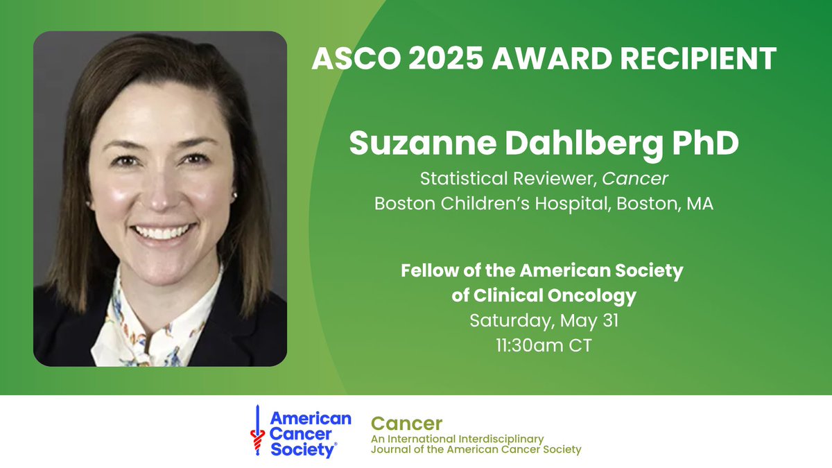 ACS Journal Cancer (@journalcancer) on Twitter photo 👏 Join us in celebrating Dr. Suzanne Dahlberg—biostatistician, clinical trials expert, #PedOnc researcher <a href="/BostonChildrens/">Boston Children's</a>, Cancer Editorial Advisory Board member & <a href="/ASCO/">ASCO</a> Fellow. 🎉
She receives the prestigious #ASCO25 FASCO Award today at 11:30am!
<a href="/OncoAlert/">OncoAlert</a> <a href="/SuzDahlberg/">Suzanne Dahlberg</a> 👏 Join us in celebrating Dr. Suzanne Dahlberg—biostatistician, clinical trials expert, #PedOnc researcher <a href="/BostonChildrens/">Boston Children's</a>, Cancer Editorial Advisory Board member & <a href="/ASCO/">ASCO</a> Fellow. 🎉
She receives the prestigious #ASCO25 FASCO Award today at 11:30am!
<a href="/OncoAlert/">OncoAlert</a> <a href="/SuzDahlberg/">Suzanne Dahlberg</a>