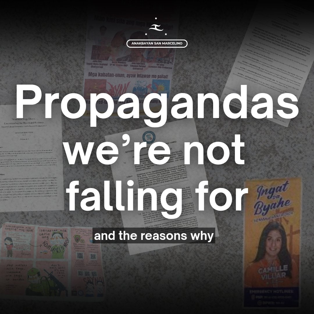 AnakbayanSM's tweet photo. PROPAGANDAS WE'RE NOT FALLING FOR: 

Politics being used as family business of traditional politicians and bored celebrities. Breadcrumbs allotted for basic human rights. https://t.co/3ja8EsjgUR