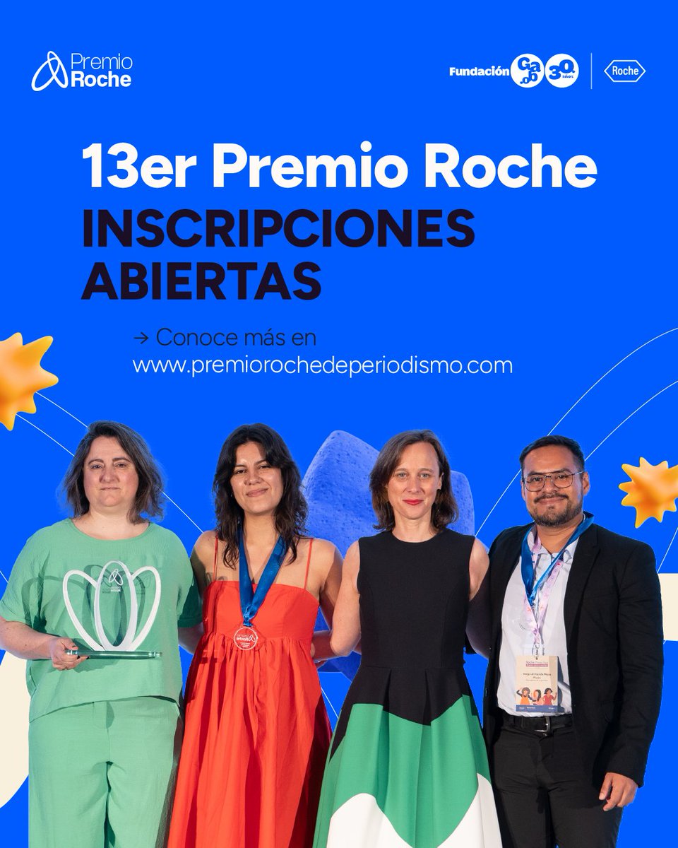 Todavía tienes tiempo de postularte al #PremioRoche2025 🧪🩺

Participa con tu mejor trabajo periodístico sobre salud y ciencia. 

Consulta las bases del concurso en ➡️inscripciones.fundaciongabo.org