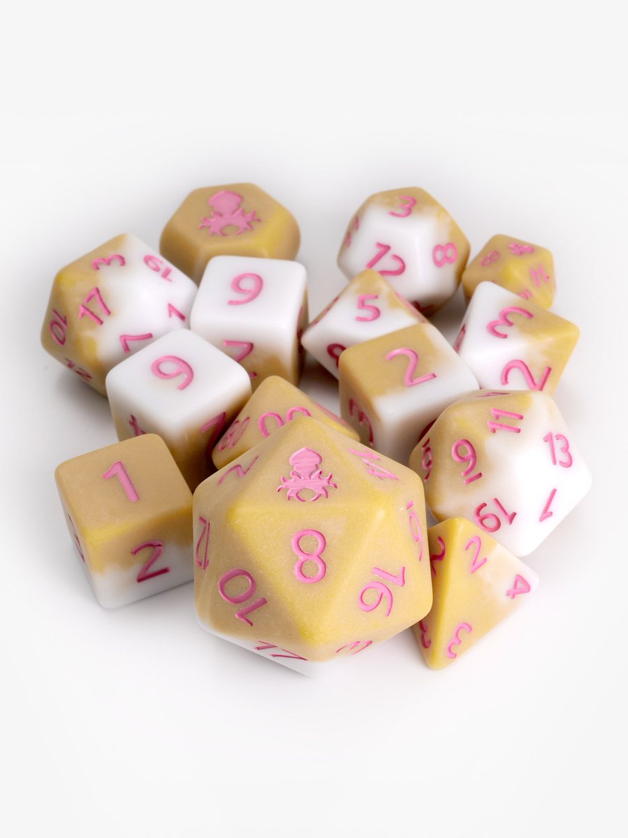 KrakenDice's tweet photo. Dive into the whimsical world of Kraken Dice with our Strawberry Latte Matte 14pc Set! #KrakenDice #DND #Pathfinder #MTG #Warhammer #RPG #TableTopGames #DiceGoblin #TTRPG #Dice #D6 #Spindown #D20 https://t.co/vU3Jo2Gt9g