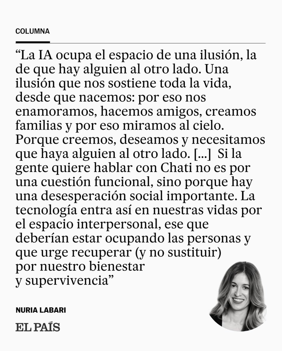 "Hay una cosa que ChatGPT no hace y que es precisamente la que está conquistando el corazón de los usuarios: escuchar. Chati no escucha, pero cada vez más personas sentimos que sí", escribe Nuria Labari social.elpais.com/her6v2