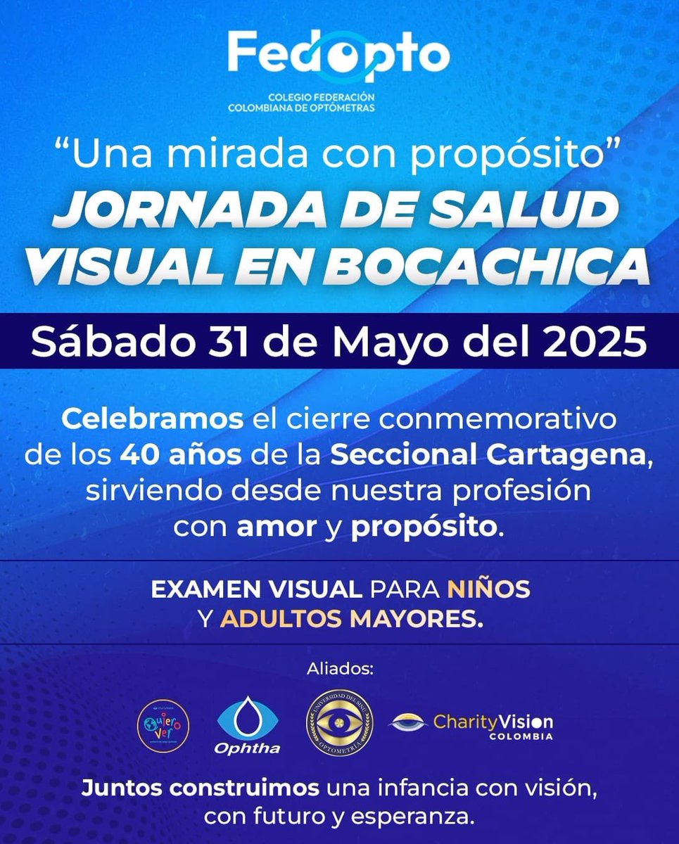 Celebramos con propósito y corazón!

Hoy, en el marco del cierre de los 40 años de la Seccional Cartagena del Colegio Federación Colombiana de Optómetras, llevamos a cabo una emotiva Jornada de Salud Visual en el sector de Bocachica, Cartagena.

#YoSoyFedopto #SeccionalCartagena