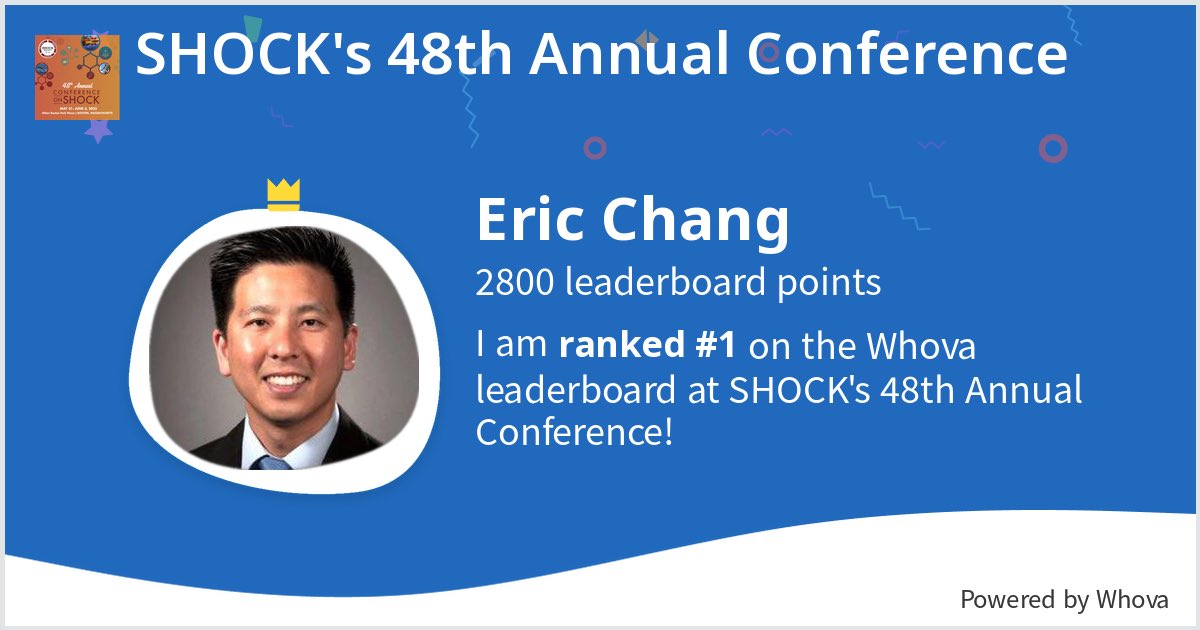 Eric H Chang (@changsbrain) on Twitter photo I ranked #1 on the Whova leaderboard at <a href="/ShockSociety/">The Shock Society</a> 48th Annual Conference! - via #Whova event app I ranked #1 on the Whova leaderboard at <a href="/ShockSociety/">The Shock Society</a> 48th Annual Conference! - via #Whova event app