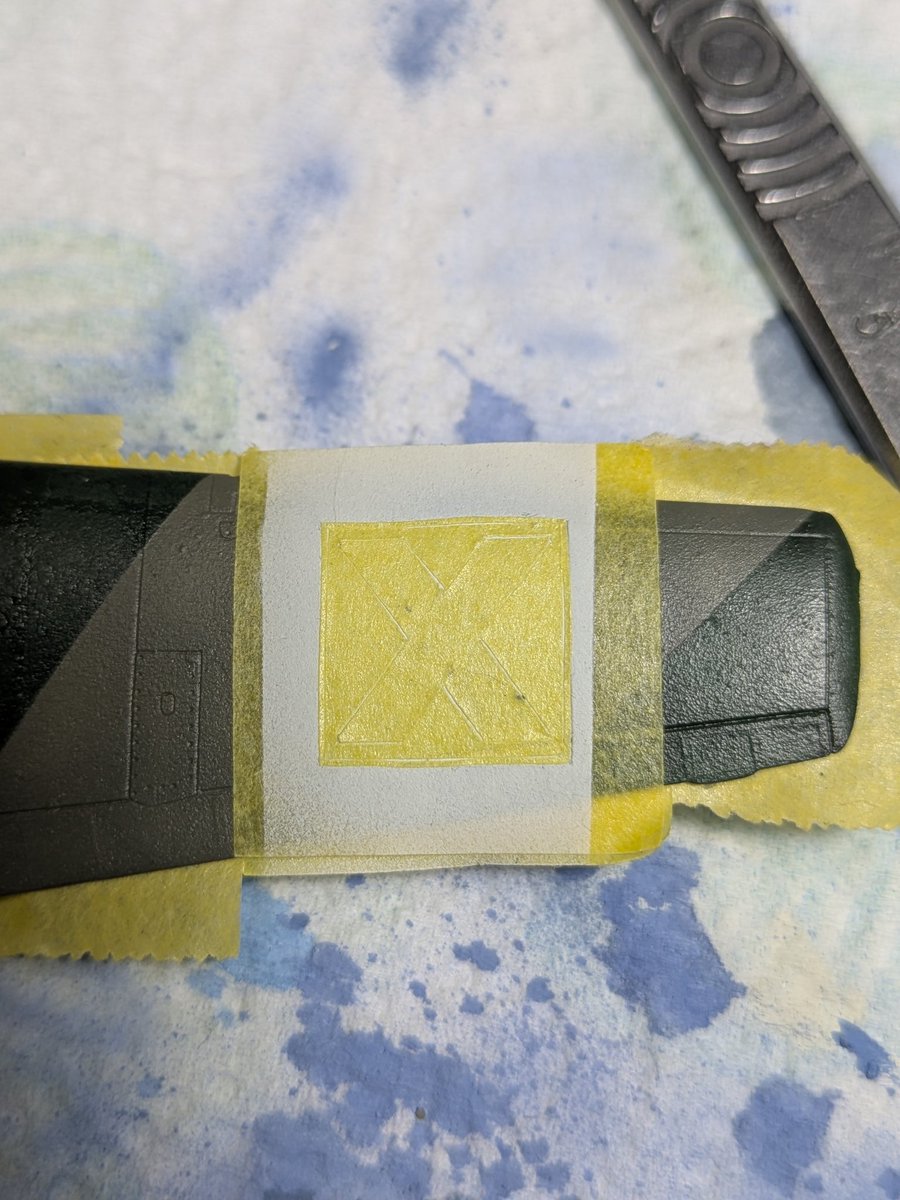 Spent several hours yesterday putting masks in place. I've only got half way through. I was very tempted to spray the few I'd done, but I thought I'd wait, inspect the accuracy of my work and then paint. Will be a few days till #BulgarianEmil gets her X's. 
#JFFScalemodels