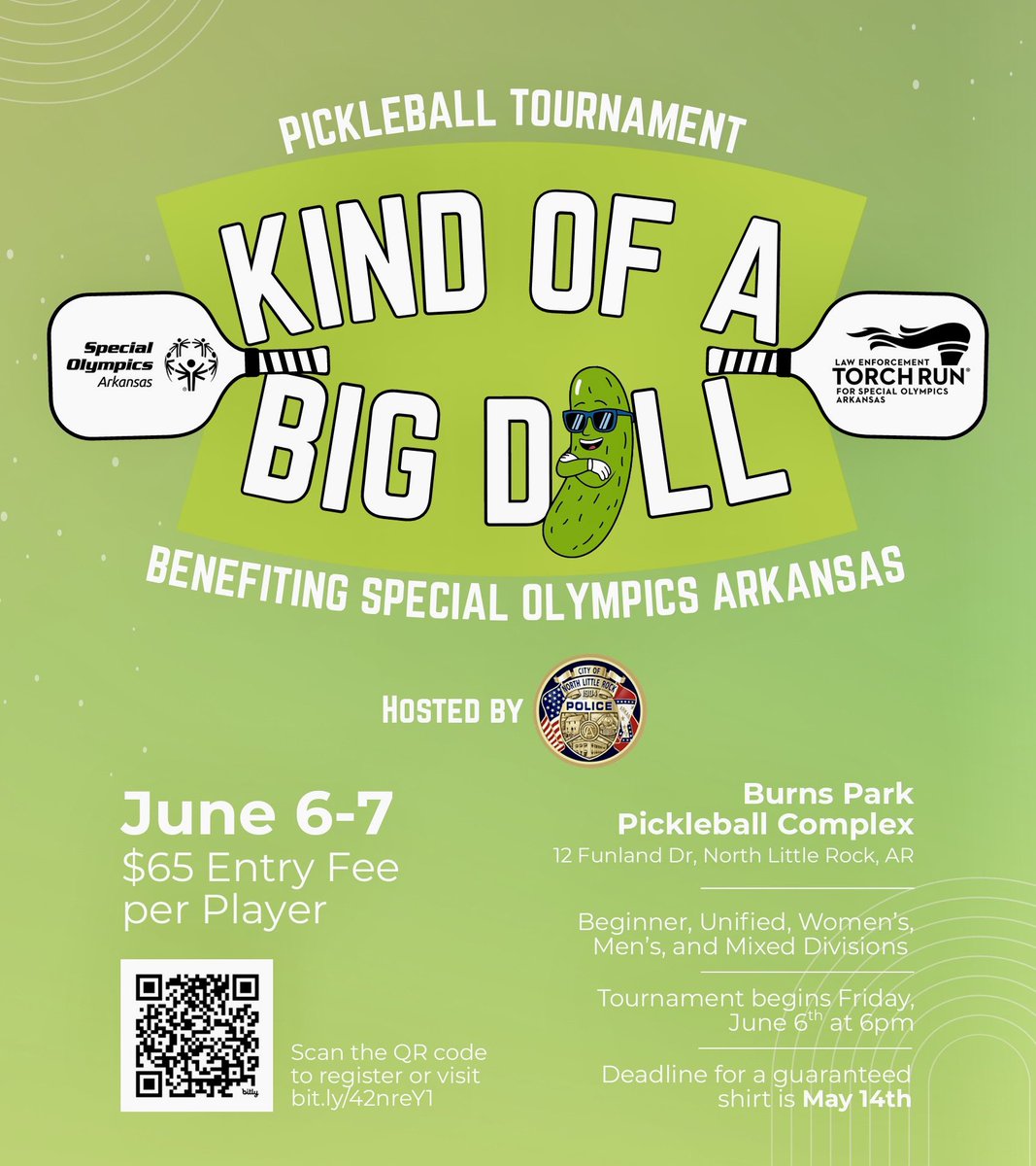 NLRPD's tweet image. 🗣️ It’s almost here… and it’s KIND OF A BIG DILL! 🏓
Whether you’re a beginner or a seasoned player, grab a partner and sign up for the KIND OF A BIG DILL Pickleball Tournament—benefiting Special Olympics AR and hosted by NLRPD! There’s a spot for everyone!
Come out, compete,…