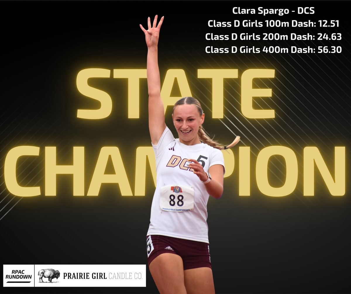 🥇Congratulations to Clara Spargo of <a href="/dcstigers/">Dundy County Stratton Schools</a>  on her Class D Gold Medals! 🥇

100-meter dash - 12.51
200-meter dash - 24.63 (New State and State Meet Record)
400-meter dash - 56.30 (New State Meet Record)

Our Track and Field State Champion graphics are brought to you by
