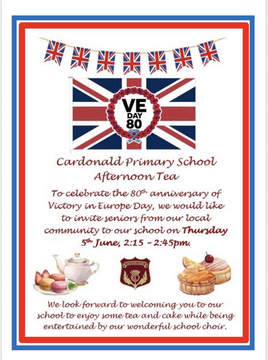A reminder to all our families to come along on Thursday 5th June 2.15-2.45 and celebrate the 80th anniversary of VE Day with an afternoon tea in our assembly hall and be entertained by our amazing choir singing the songs of yesteryear. We are looking forward to seeing you all.