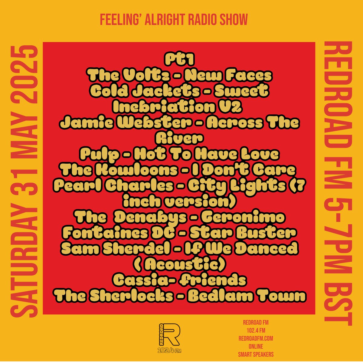 FeelinAlright (@feelinpromo) on Twitter photo On today’s #feelinalrightradioshow on <a href="/RedroadFM/">Redroad FM</a> 5:00 - 7pm BST Pt1 <a href="/thevoltzband/">The Voltz⚡️</a> <a href="/ColdJackets/">Cold Jackets</a> <a href="/JamieWebster94/">Jamie Webster</a> <a href="/welovepulp/">Pulp</a> <a href="/thekowloons/">The Kowloons</a> <a href="/pearl_charles/">Pearl Charles</a> <a href="/TheDenabys/">The Denabys</a> <a href="/fontainesdublin/">Fontaines D.C.</a> <a href="/samscherdel/">Sam Scherdel</a> <a href="/wearecassia/">Cassia</a> <a href="/TheSherlocks/">The Sherlocks</a> On today’s #feelinalrightradioshow on <a href="/RedroadFM/">Redroad FM</a> 5:00 - 7pm BST Pt1 <a href="/thevoltzband/">The Voltz⚡️</a> <a href="/ColdJackets/">Cold Jackets</a> <a href="/JamieWebster94/">Jamie Webster</a> <a href="/welovepulp/">Pulp</a> <a href="/thekowloons/">The Kowloons</a> <a href="/pearl_charles/">Pearl Charles</a> <a href="/TheDenabys/">The Denabys</a> <a href="/fontainesdublin/">Fontaines D.C.</a> <a href="/samscherdel/">Sam Scherdel</a> <a href="/wearecassia/">Cassia</a> <a href="/TheSherlocks/">The Sherlocks</a>