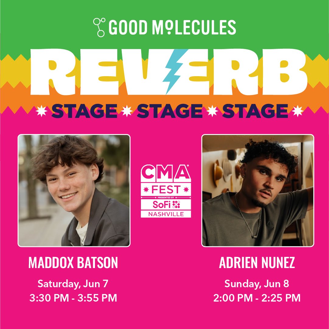 CMA Country Music (@countrymusic) on Twitter photo Don’t miss <a href="/MaddoxBatson/">MaddoxBatson</a> and <a href="/NunezAdrien/">Adrien Nuñez</a> at #CMAfest! Mark your calendar and catch them at the <a href="/GoodMolecules/">Good Molecules</a> Reverb Stage! #GoodMolecules Don’t miss <a href="/MaddoxBatson/">MaddoxBatson</a> and <a href="/NunezAdrien/">Adrien Nuñez</a> at #CMAfest! Mark your calendar and catch them at the <a href="/GoodMolecules/">Good Molecules</a> Reverb Stage! #GoodMolecules