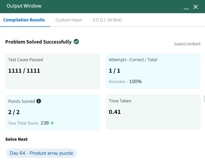 KrakenNakul's tweet photo. Day 63 of #gfg160 #geekstreak2025:
Balanced the bits! ⚖️🔢 Found the longest subarray with equal 0s and 1s using prefix sums and a clever hash twist!
#BinaryArray #PrefixSum #Hashing #DSA #ProblemSolving #GeekStreak2025 https://t.co/ShtYcKYBCO