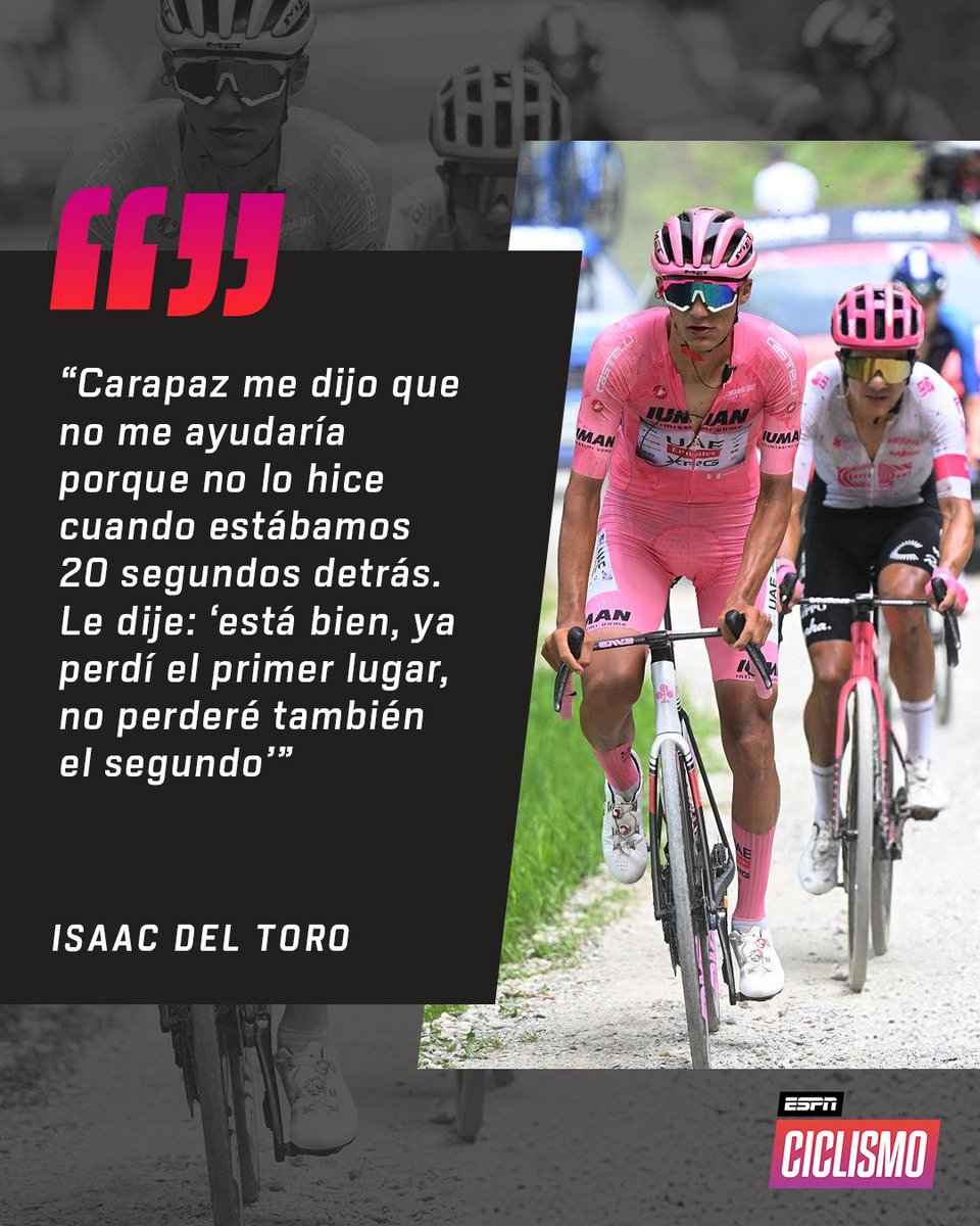 Isaac #DelToro le respondió a #Carapaz tras ceder el primer puesto en el #GiroDItalia. 🗨️