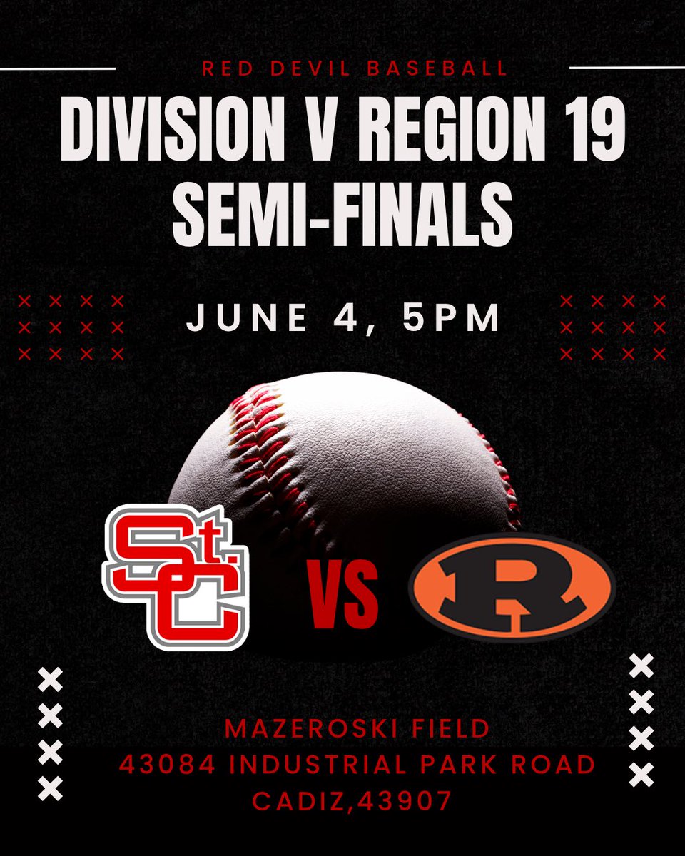 StCRedDevilBaseball (@stcbaseball1) on Twitter photo Mark your calendar!
Regional Semifinals:
St Clairsville Red Devils vs Ridgewood Generals
Tickets available online at OHSAA.org/tickets (Adults $11, Student $5)
<a href="/stcathletics1/">St.C. Athletics</a> <a href="/EastDistrictAB/">East District (EDAB)</a> Mark your calendar!
Regional Semifinals:
St Clairsville Red Devils vs Ridgewood Generals
Tickets available online at OHSAA.org/tickets (Adults $11, Student $5)
<a href="/stcathletics1/">St.C. Athletics</a> <a href="/EastDistrictAB/">East District (EDAB)</a>