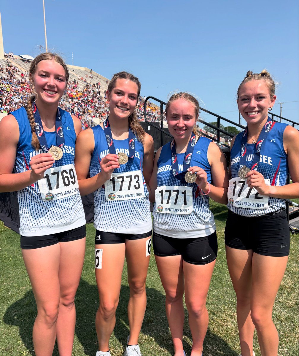 2A girls 4x800m state champions 🥇

Wabaunsee’s 4x800 team of Grace Zeller, Talen Orton, Isabelle Stuhlsatz, and Payton Wurtz win it with a time of 9:45.89. #sportsinkansas