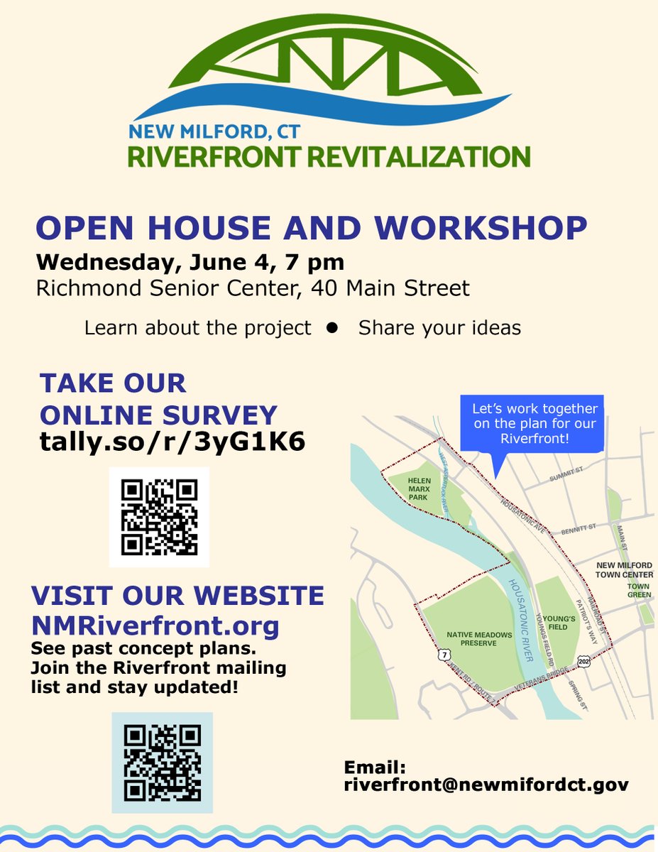 Hey #NewMilford friends, there is an important workshop taking place next week hosted by the New Milford Riverfront Revitalization Committee. They will be sharing updated plan concepts and want to get community input. Hope to see you there!
Learn more: nmriverfront.org