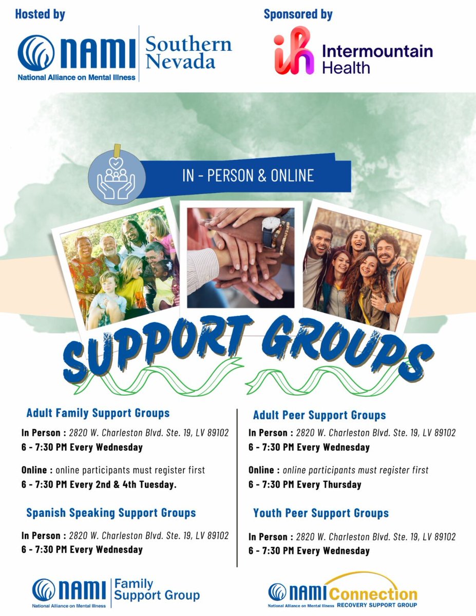 Our #SupportGroups are available both in-person &amp; virtually. Whether you choose NAMI Family or NAMI Connection peer support, these support groups can be a beneficial step. We are now offering in-person YOUTH &amp; SPANISH Support Groups on Wednesday evenings! namisouthernnevada.org/support-and-ed…