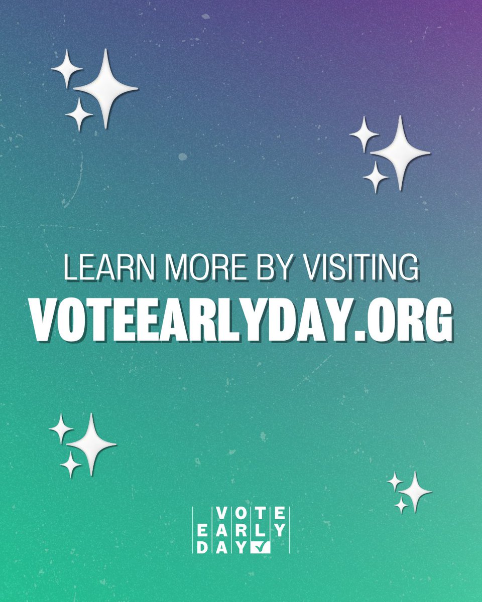 🗓️ Just 150 days until Vote Early Day 2025!

Organizations, campuses, businesses, and communities nationwide are getting ready to celebrate this civic holiday and help voters plan ahead to cast their ballots early.

Visit voteearlyday.org to learn more!

#VoteEarlyDay