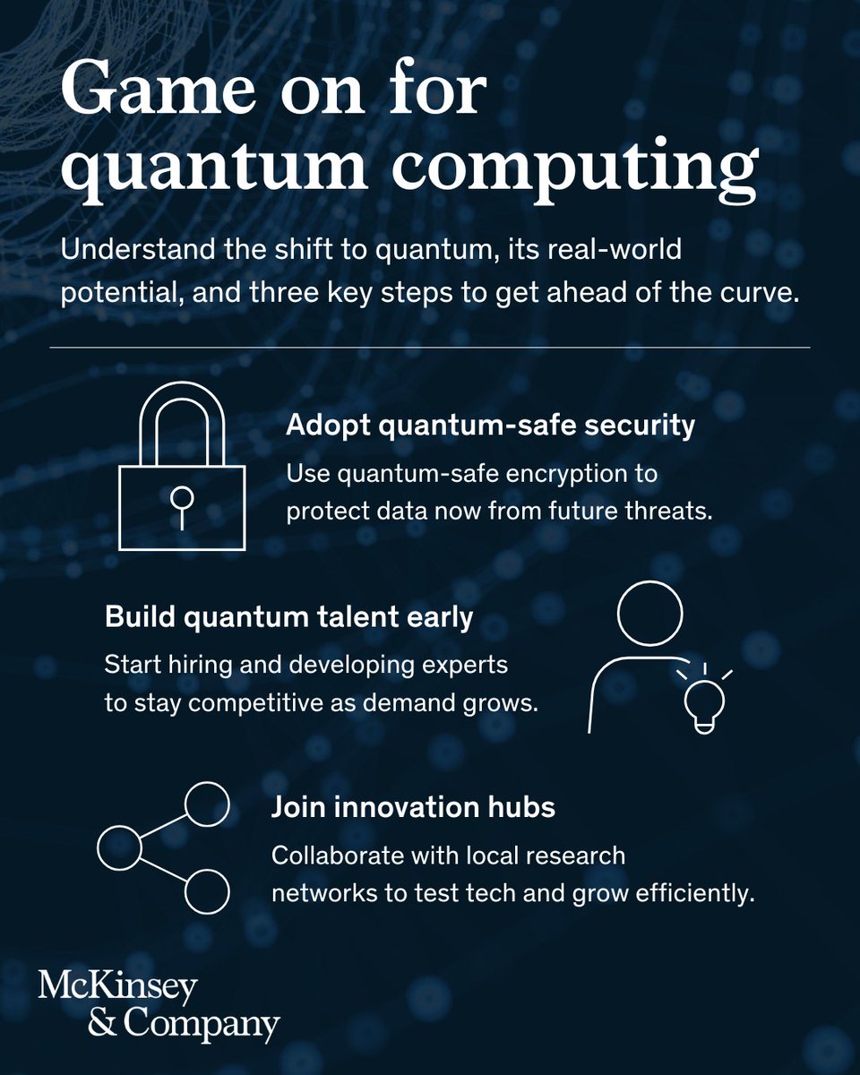 McKinsey's tweet photo. Is quantum finally having its moment?  

After decades of being “just a few years away,” real-world applications might be closer than ever. Listen to the latest episode of The McKinsey Podcast to learn what’s changing, and what leaders need to do now. https://t.co/id66MWyl4J https://t.co/kkLX2cp8VL