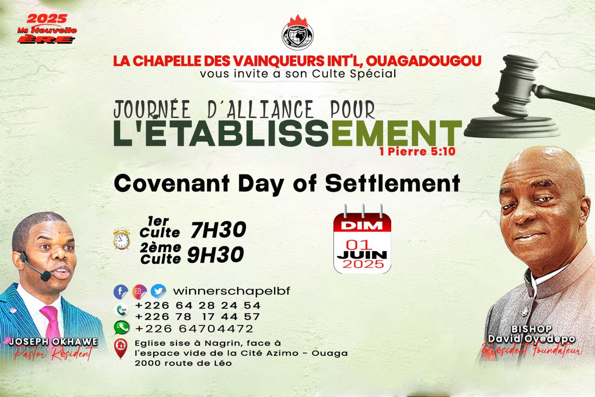 winnerschapelbf's tweet photo. Nous vous invitons à notre culte spécial intitulé Journée d'alliance pour l'Établissement, ce dimanche 1er juin 2025.
1 Pierre 5:10

Heures des cultes : 7 h 30 et 9 h 30.

Jésus est Seigneur !

#MYNewEra 
#IAmAWinner https://t.co/1GhVzSUTUB