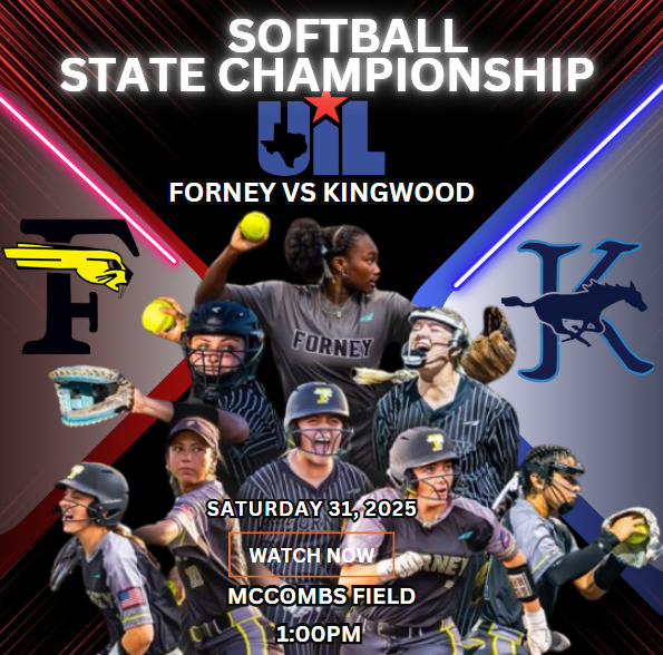 Texas UIL SPORTS (@texasuil_sport) on Twitter photo 🏆🥎 STATE CHAMPIONSHIPS🏆
🆚 Kingwood
📺 bit.ly/4kcSFT4
📅 Saturday 31
⏰ @ 1p.
📍McCombs Field
<a href="/Forneysoftball/">ForneySoftball</a> <a href="/ForneyAthletics/">ForneyISDAthletics</a> <a href="/CaileySlade/">cailey slade</a> <a href="/coacholiphantAD/">Kim Oliphant</a> <a href="/Justin_D_James/">Dr. Justin James</a> <a href="/Susanelizjohn/">Susan Johnson</a> <a href="/CoachFleen/">Coach Fleener</a> <a href="/Big_Lex_6/">Alexis Blanton</a> <a href="/coachbri15/">Bri</a> <a href="/Emmie_santos11/">Emily (Emmie) Santos 2027</a> <a href="/DomianaEnglish/">Domiana English</a> 🏆🥎 STATE CHAMPIONSHIPS🏆
🆚 Kingwood
📺 bit.ly/4kcSFT4
📅 Saturday 31
⏰ @ 1p.
📍McCombs Field
<a href="/Forneysoftball/">ForneySoftball</a> <a href="/ForneyAthletics/">ForneyISDAthletics</a> <a href="/CaileySlade/">cailey slade</a> <a href="/coacholiphantAD/">Kim Oliphant</a> <a href="/Justin_D_James/">Dr. Justin James</a> <a href="/Susanelizjohn/">Susan Johnson</a> <a href="/CoachFleen/">Coach Fleener</a> <a href="/Big_Lex_6/">Alexis Blanton</a> <a href="/coachbri15/">Bri</a> <a href="/Emmie_santos11/">Emily (Emmie) Santos 2027</a> <a href="/DomianaEnglish/">Domiana English</a>