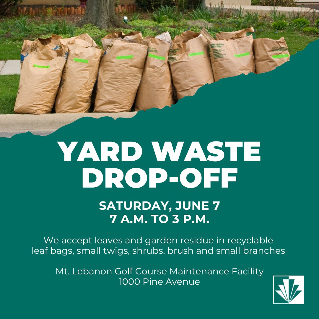 We want your yard waste! The next drop-off event for Mt. Lebanon residents is June 7. 🍃

Please note: Grass clippings, stones, soil, stumps, large limbs and plastic bags will not be accepted.