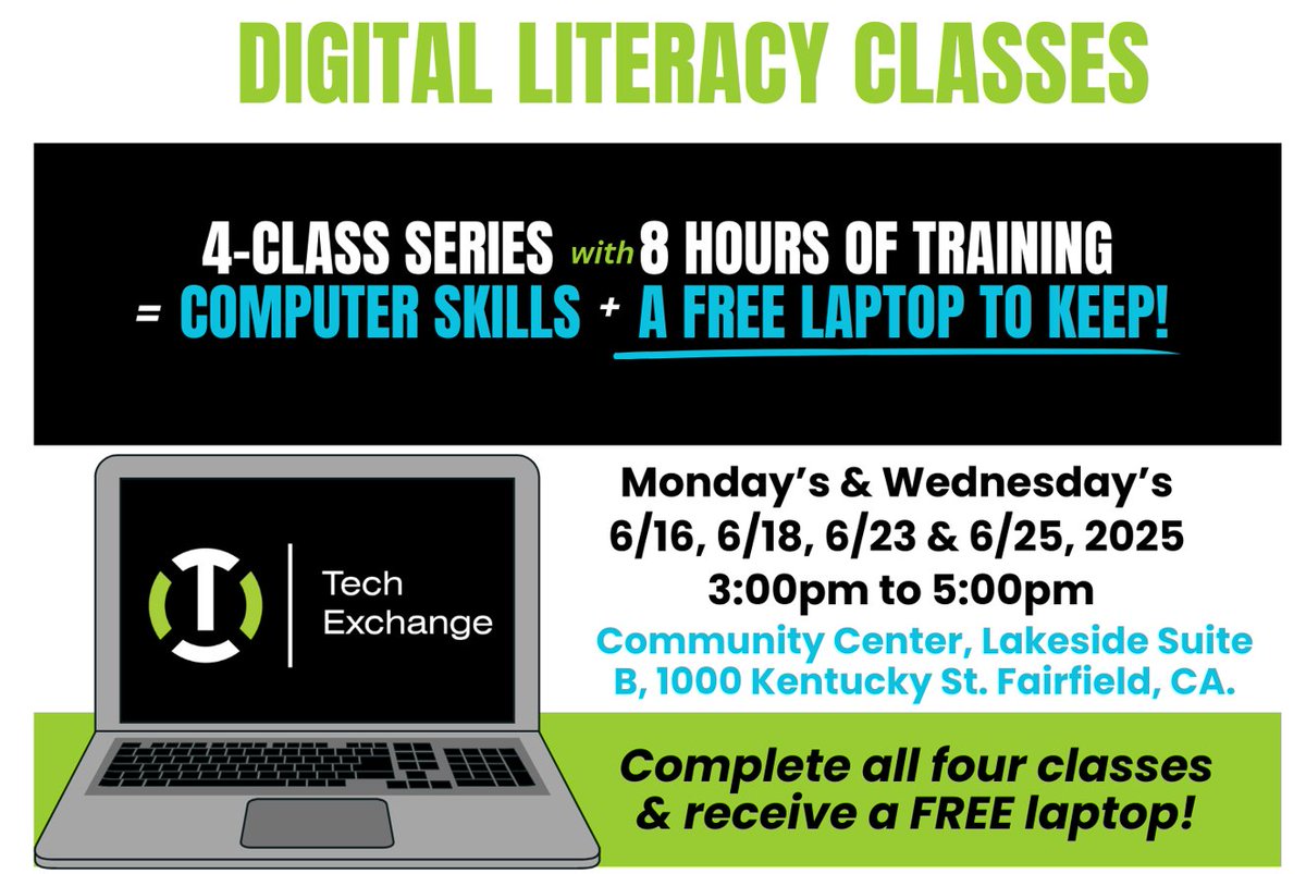 cityoffairfield's tweet image. 🚨 Free computer classes in Fairfield!

June 16, 18, 23 &amp;amp; 25 | 3–5 PM
Attend all sessions &amp;amp; qualify for a free computer!

Limited spots — sign up now: bit.ly/farfieldclass

#FreeClass #Fairfield #TechSkills