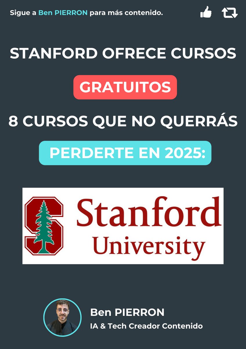 La universidad de Stanford ofrece cursos GRATUITOS.

No se necesita de pago.

8 cursos gratuitos que no querrás perderte en 2025: