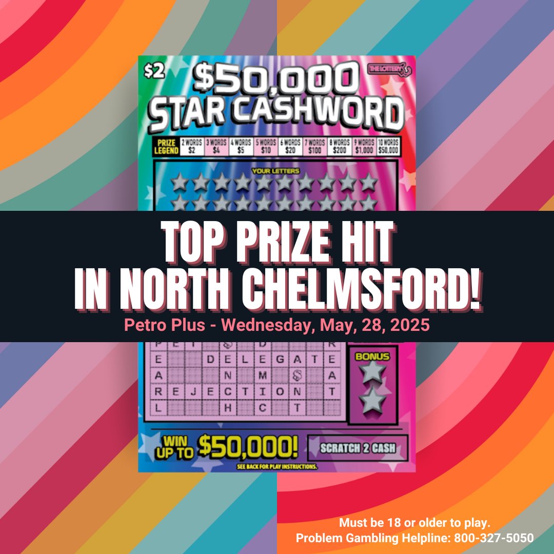 MAStateLottery's tweet photo. Shine on Cashword players 🤩 We got another big $50,000 STAR CASHWORD ($2) winner!
Game details > https://t.co/LKR0JsFTU4
#MassLottery
#Lottery
#Cashword
#InstantTicket
#ScratchTicket
#NorthChelmsford https://t.co/3Y01Fx5tkh