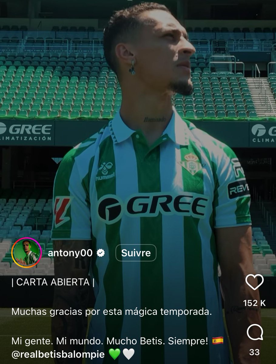 Actu Foot (@actufoot_) on Twitter photo Antony ๐ง๐ท fait ses adieux au Betis Sรฉville aprรจs son prรชt ๐ช๐ :
ยซ ๐๐๐ฒ๐ฐ ๐๐ผ๐๐, ๐ทโ๐ฎ๐ถ ๐ฟ๐ฒ๐๐ฟ๐ผ๐๐๐ฒฬ ๐น๐ฒ ๐ด๐ฎ๐บ๐ถ๐ป ๐พ๐๐ถ ๐ฎ๐ถ๐บ๐ฎ๐ถ๐ ๐น๐ฒ ๐ณ๐ผ๐ผ๐. ๐๐ฒ ๐ณ๐ผ๐ผ๐๐ฏ๐ฎ๐น๐น ๐ฒ๐๐ ๐ฟ๐ฒ๐ฑ๐ฒ๐๐ฒ๐ป๐ ๐ฑ๐ฒ ๐นโ๐ฎ๐บ๐ผ๐๐ฟ.
๐ ๐๐ฅ๐๐ ๐๐๐ง๐๐ฆ. ยป ๐
๐ฑ IG Antony ๐ง๐ท fait ses adieux au Betis Sรฉville aprรจs son prรชt ๐ช๐ :
ยซ ๐๐๐ฒ๐ฐ ๐๐ผ๐๐, ๐ทโ๐ฎ๐ถ ๐ฟ๐ฒ๐๐ฟ๐ผ๐๐๐ฒฬ ๐น๐ฒ ๐ด๐ฎ๐บ๐ถ๐ป ๐พ๐๐ถ ๐ฎ๐ถ๐บ๐ฎ๐ถ๐ ๐น๐ฒ ๐ณ๐ผ๐ผ๐. ๐๐ฒ ๐ณ๐ผ๐ผ๐๐ฏ๐ฎ๐น๐น ๐ฒ๐๐ ๐ฟ๐ฒ๐ฑ๐ฒ๐๐ฒ๐ป๐ ๐ฑ๐ฒ ๐นโ๐ฎ๐บ๐ผ๐๐ฟ.
๐ ๐๐ฅ๐๐ ๐๐๐ง๐๐ฆ. ยป ๐
๐ฑ IG